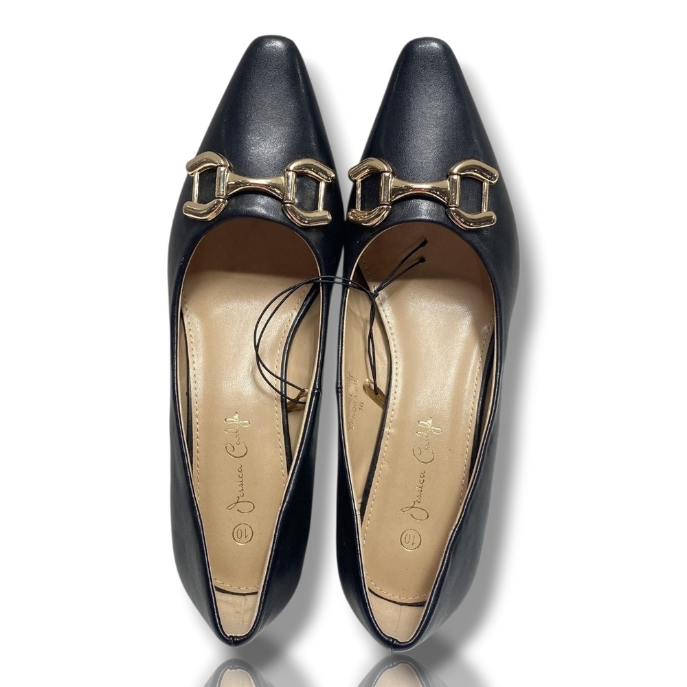 Jessica Carlyle LENORA Leather Business Navy Blue Heels with Gold Buckle NWOT